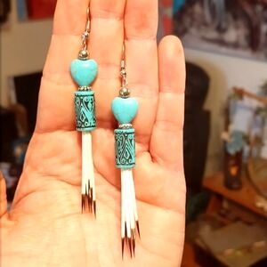 Native American Porcupine Quill And Turquoise Heart Earrings*Native Made